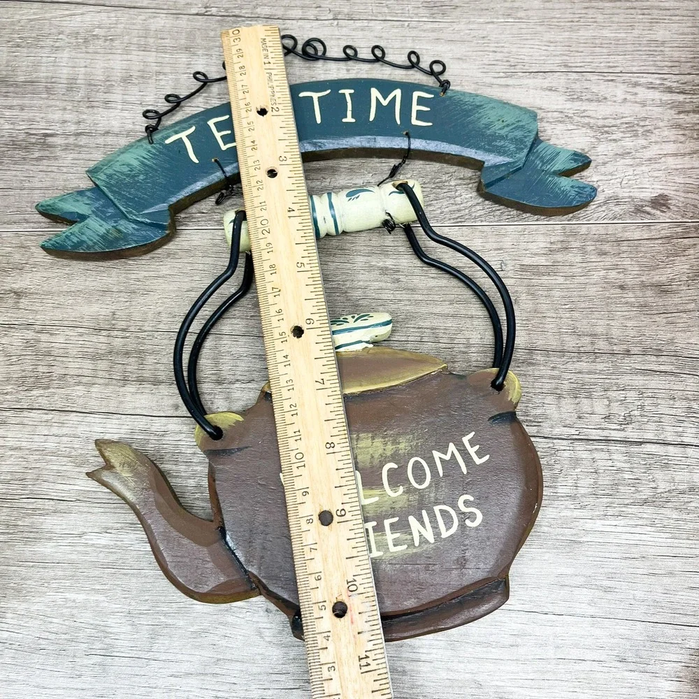 Vintage Rustic Wood Tea Time Welcome Friends Teapot Wall Hanging Kitchen Decor